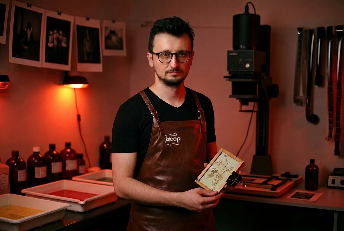 Kamil Guliev in the BCOP darkroom, holding a cyanotype print